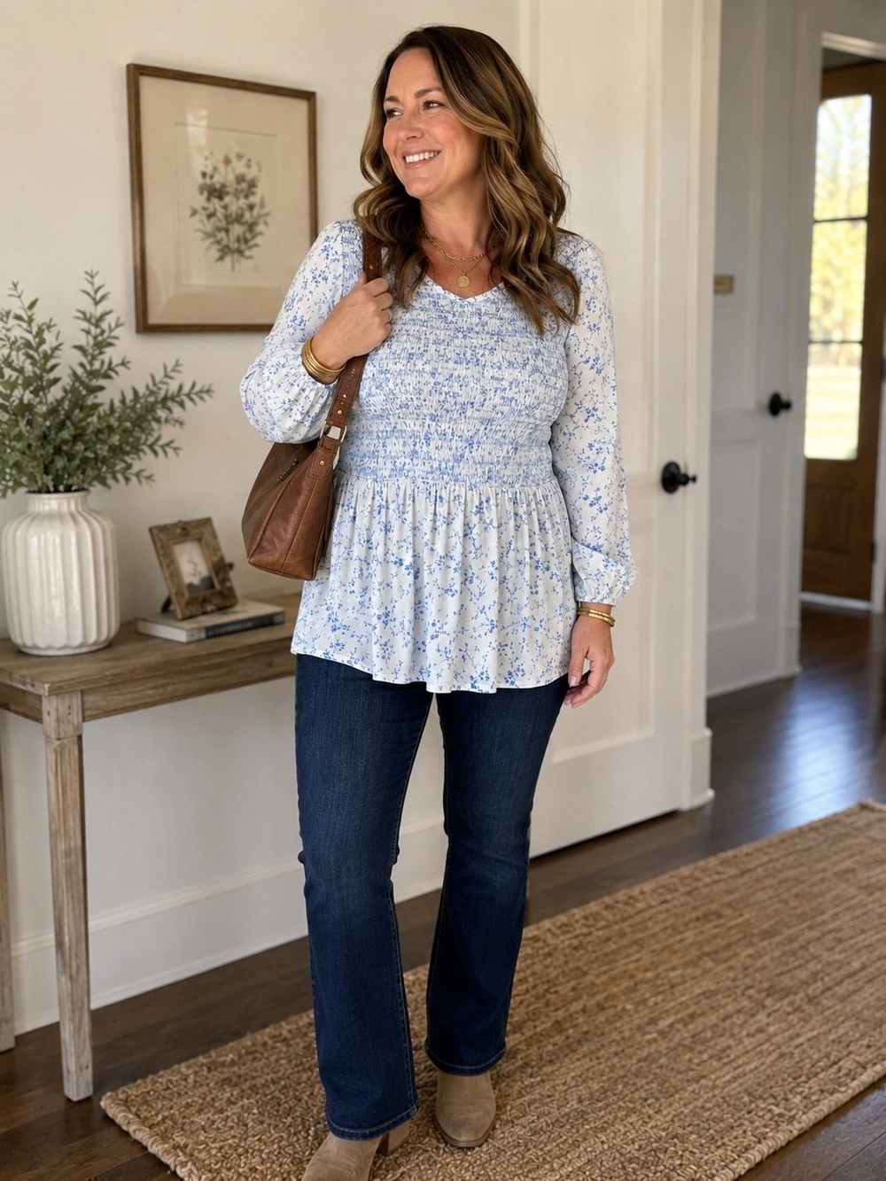 Matilda Jane Large Blue Floral Smocked Peplum Top Modal Stretch Butter Soft